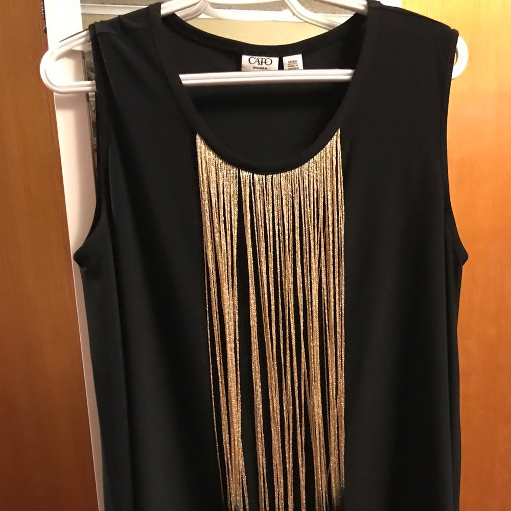 Gold Black Ombré Fringe Sleeveless, Long Top